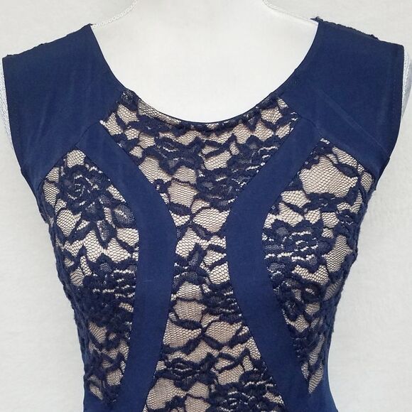 VINTAGE Candalate Navy Blue Lace Contrast Nude Sleeveless Fit & Flare Dress S - Picture 3 of 9
